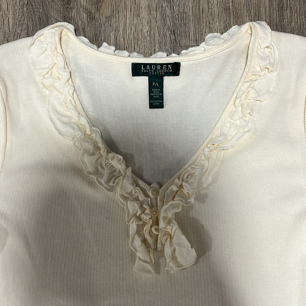 Lauren Ralph Lauren Ruffle V-neck Ribbed Top​​​ - Picture 2 of 11